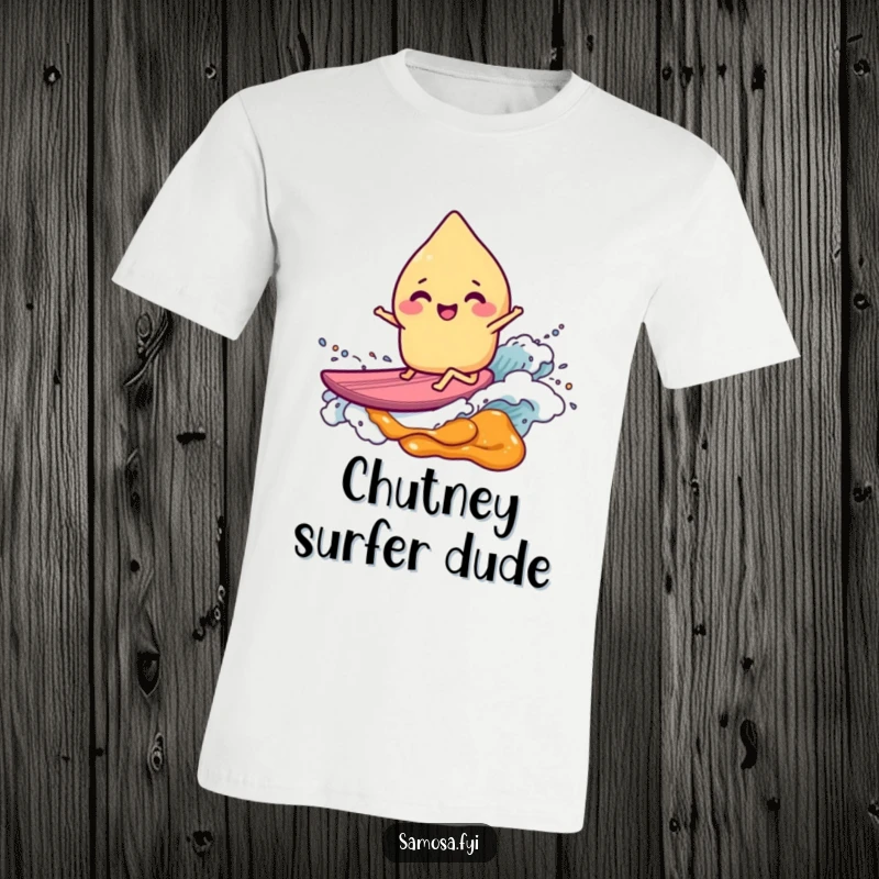 Funny giggling samosa character expertly surfing a vibrant sweet chutney wave on a t-shirt, embodying pure joy and food fun.