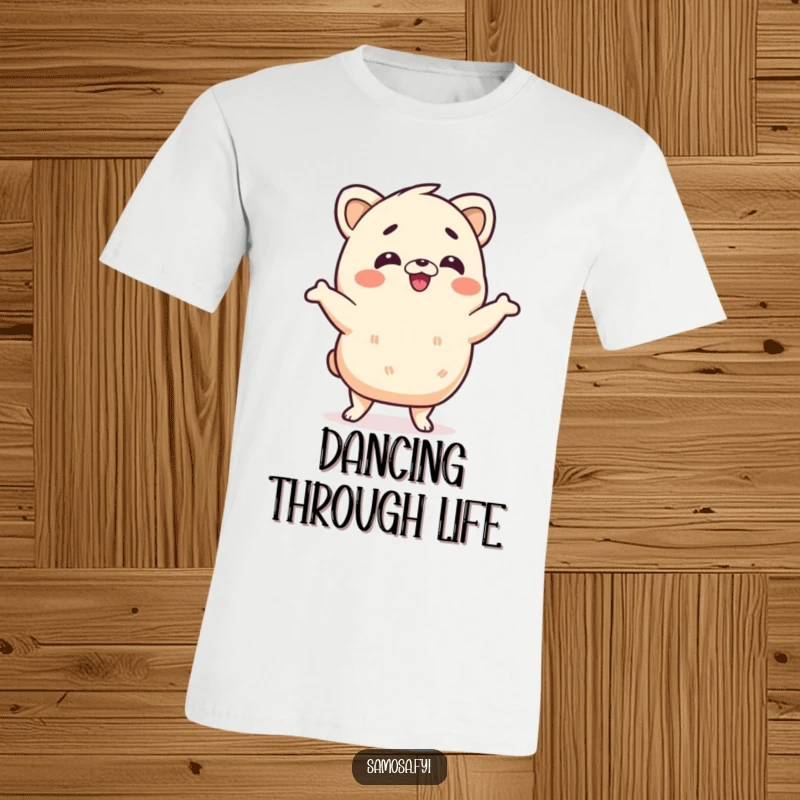 Funny samosa t-shirt depicting a samosa character performing a silly wiggle dance, showcasing pure joy and energetic movement, a fun apparel gift.