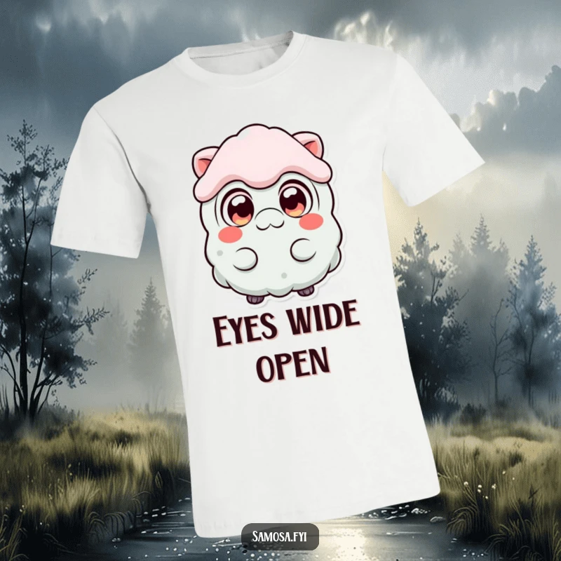 Funny Surprised Samosa T-Shirt with a samosa character sporting wide, expressive eyes, emphasizing a comical state of shock and disbelief.