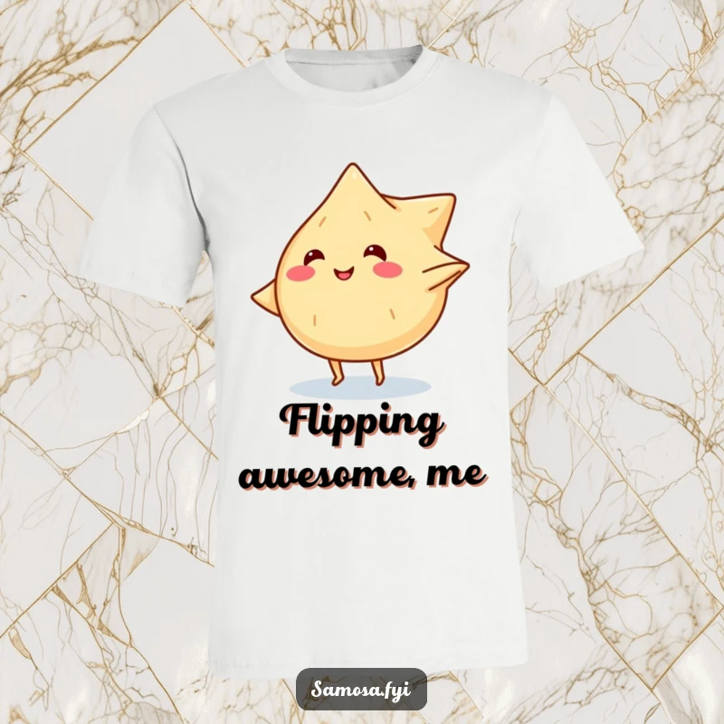 Funny t-shirt print of a smiling samosa character with tiny legs performing a cartwheel, full of energetic joy.