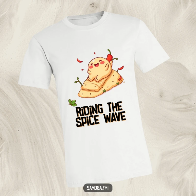 Funny Cheerful Samosa T-Shirt: A happy Indian snack sliding down a hill made of spicy peppers, embodying adventure.