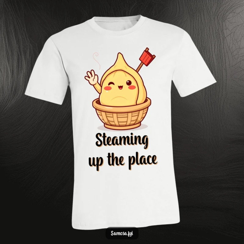 Funny samosa character giving a cheerful wave, emerging from a steaming basket, printed on a t-shirt.