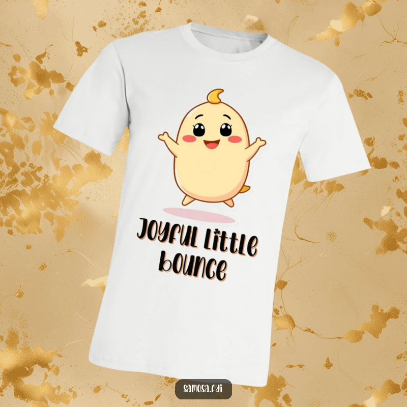 Funny Samosa T-Shirt of a cute samosa character doing a funny little hop with a big grin, perfect for cheerful wear.