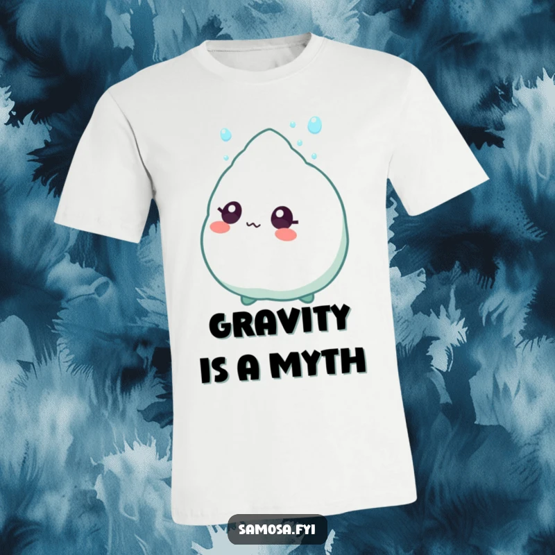 Funny T-Shirt featuring a samosa character with wide, amazed eyes, fixated on a descending sprinkle.