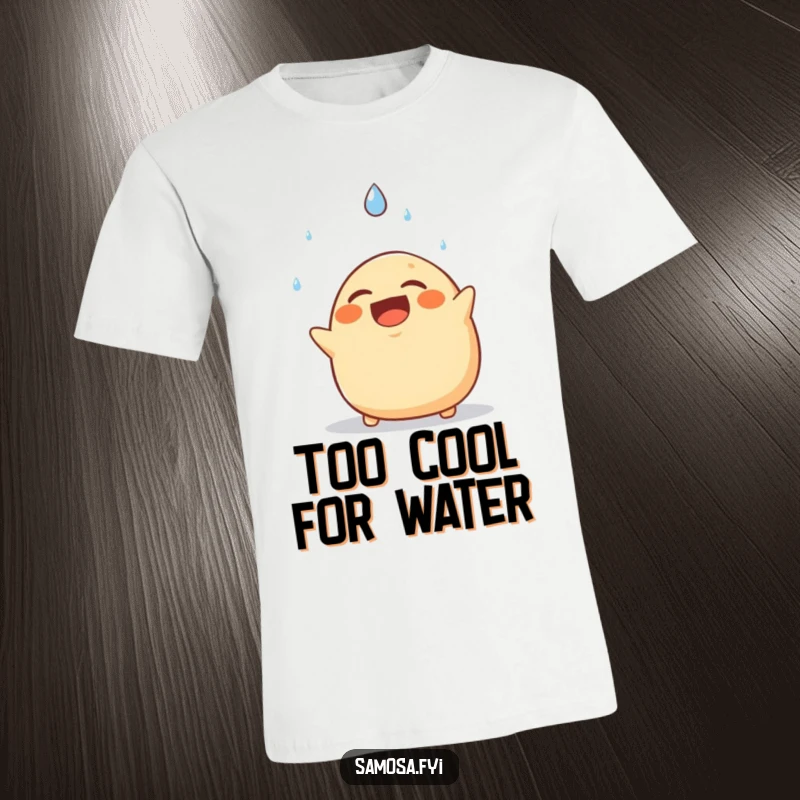 Funny t-shirt showcasing a laughing samosa comically dodging a falling raindrop with a witty expression. Ideal for humor lovers.