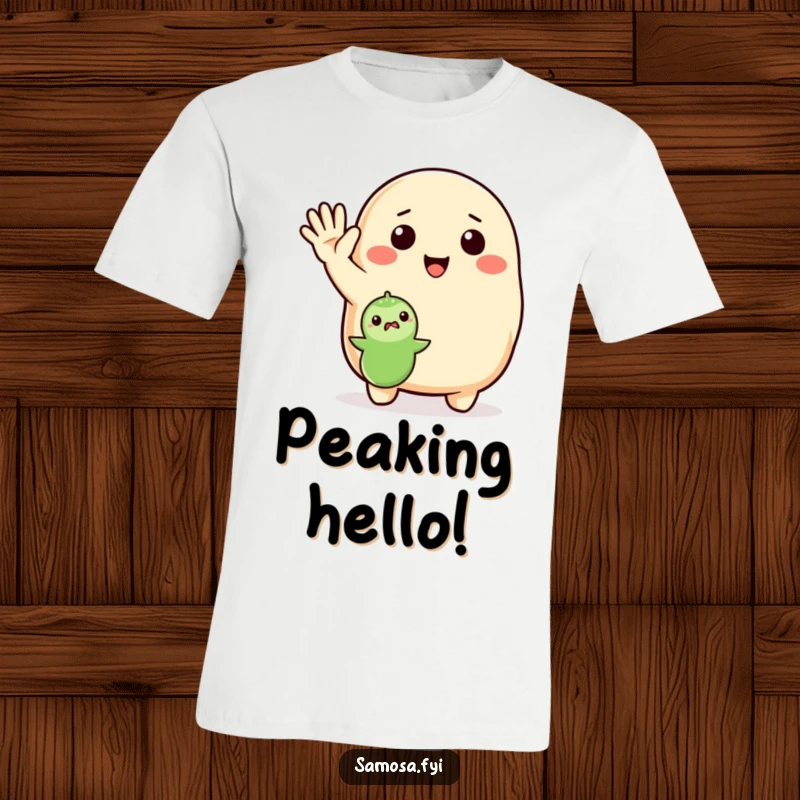 Funny T-Shirt featuring a samosa enthusiastically waving a greeting to a small pea, a symbol of delightful encounters.
