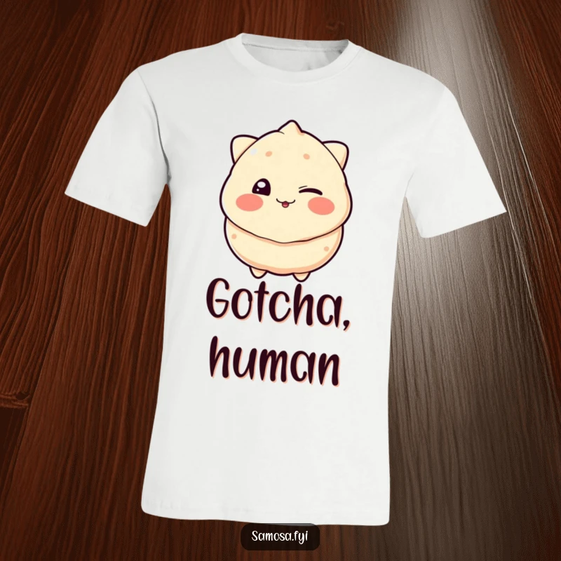 Funny t-shirt showcasing a samosa comically winking with a playful grin, perfect for those with a mischievous sense of humor.