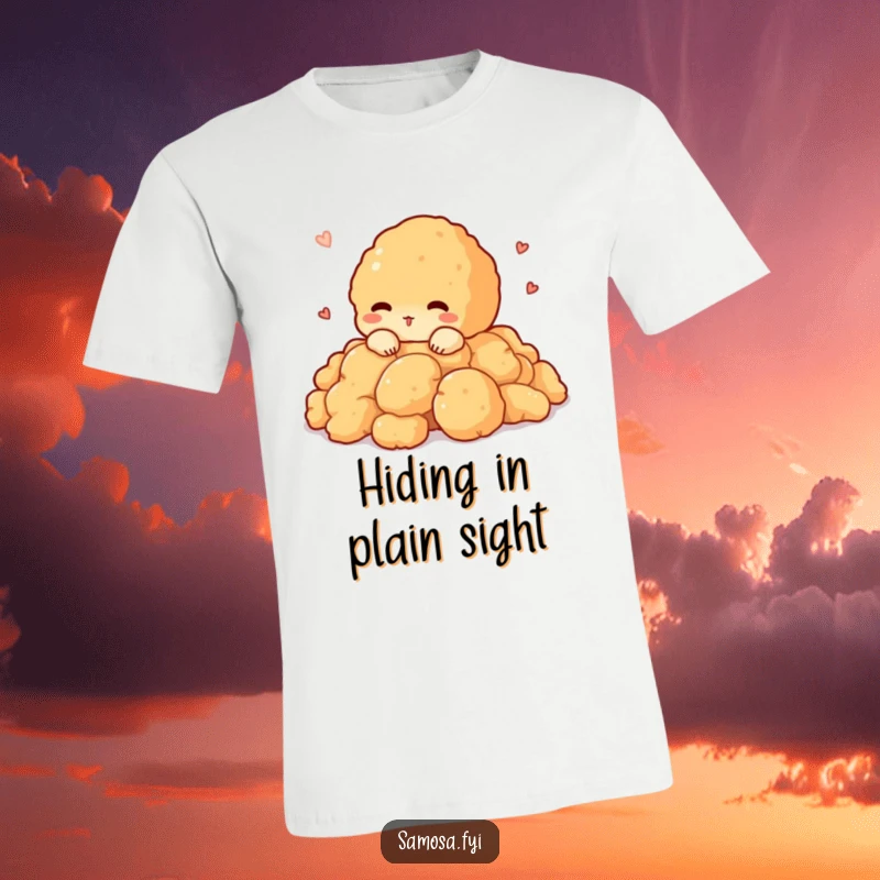 Funny t-shirt print of a shy pakora character peeking out from a pile of crispy batter, looking endearingly bashful.