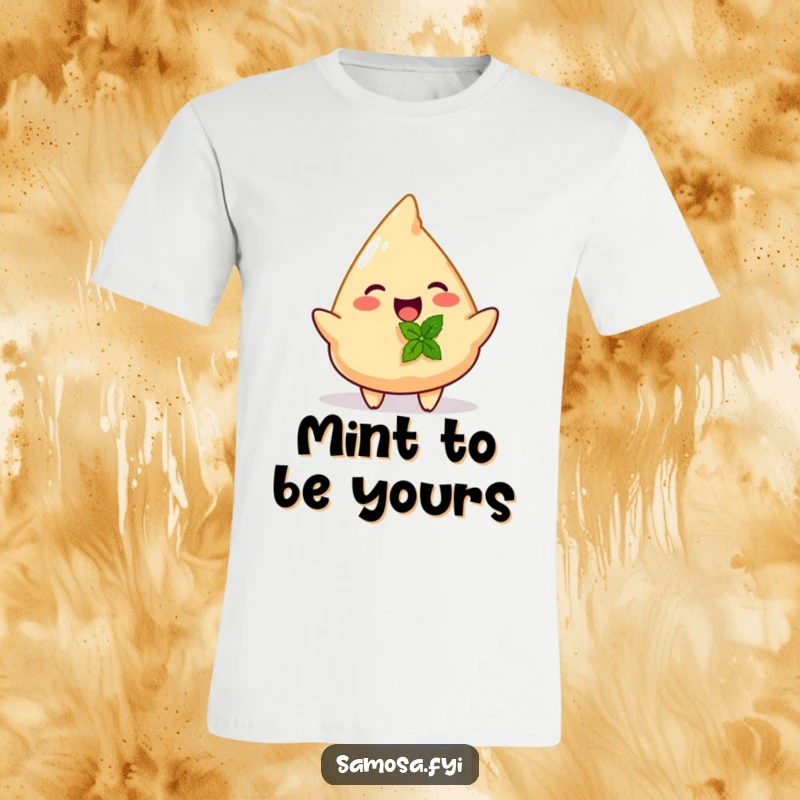 Funny t-shirt depicting a cheerful samosa offering a delicate mint leaf with a warm smile.