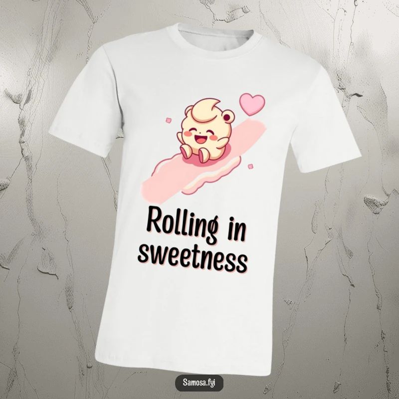 Funny t-shirt featuring a giggling laddoo character enthusiastically rolling down a sugary slope, symbolizing sweet joy.