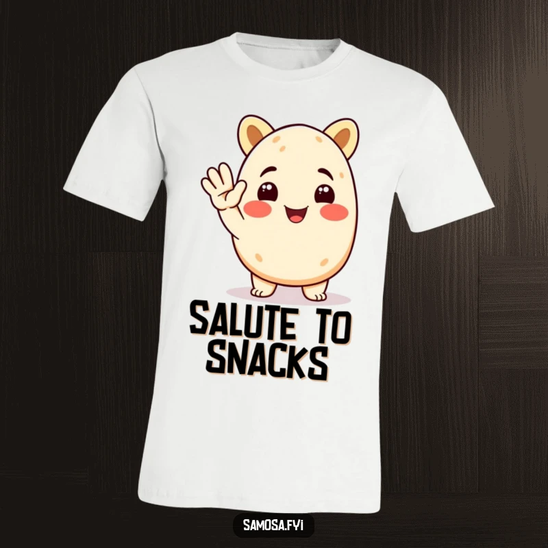 Funny Samosa T-Shirt showcasing a smiling animated samosa character giving a cheerful salute, ideal for casual wear and funny gift ideas.