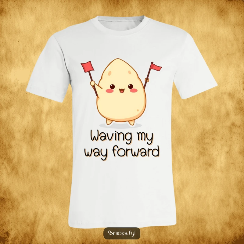 Funny Samosa T-Shirt showing a cute samosa character enthusiastically waving a tiny flag, delivering a message of joy.