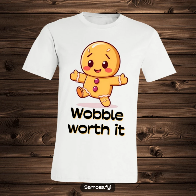 Funny gingerbread cookie t-shirt featuring the character doing a wobbly dance, perfect for festive humor.