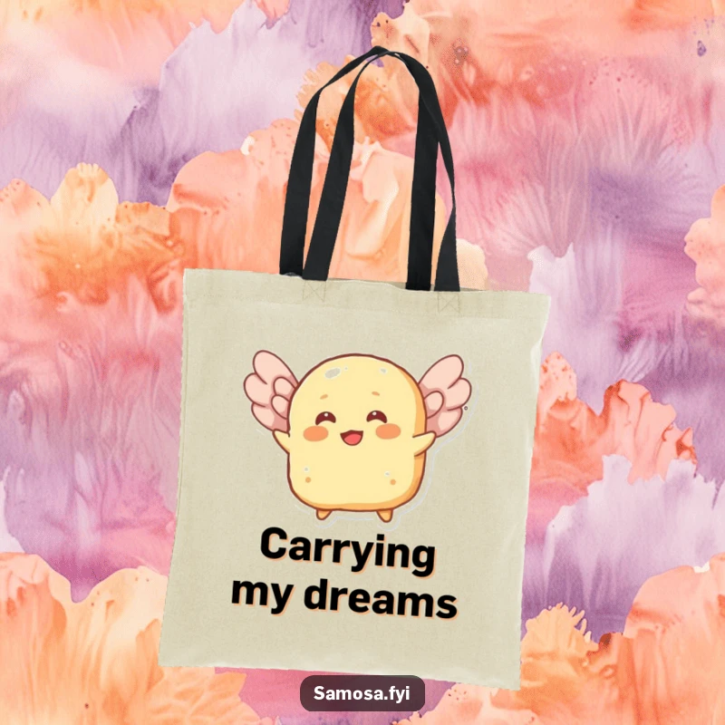 Funny tote bag with a cheerful roti character attempting to fly using its flaky layers as wings, ready to carry essentials.