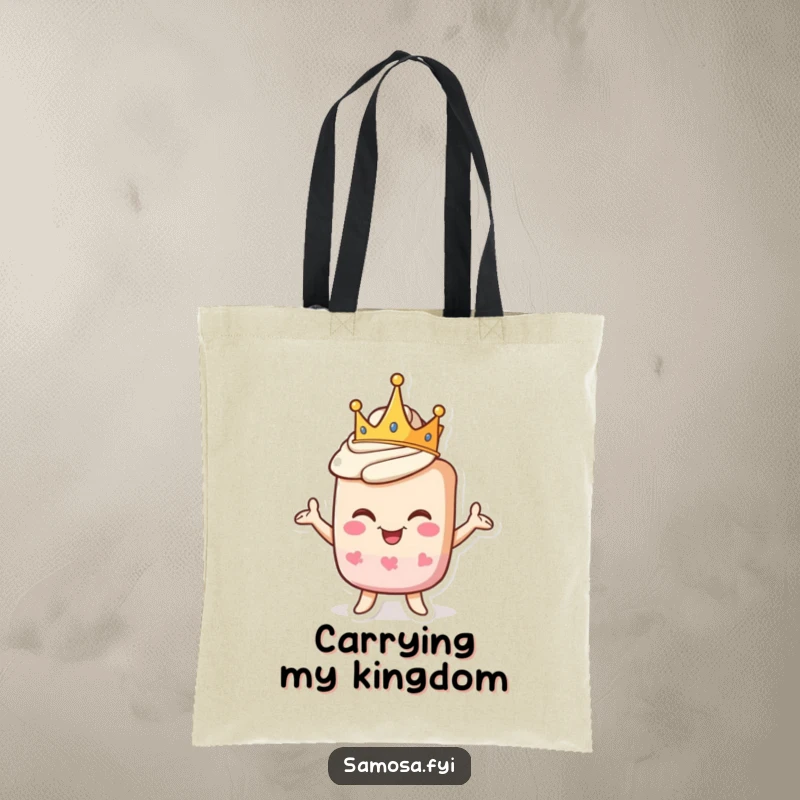 Funny tote bag featuring a pastry character with a crown, striking a proud but goofy pose, embodying playful royalty.