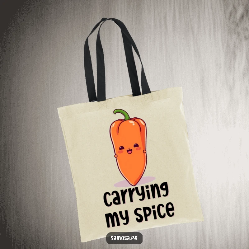Funny Samosa Tote Bag depicting a samosa character peeking from behind a giant chili pepper, perfect for carrying everyday items.