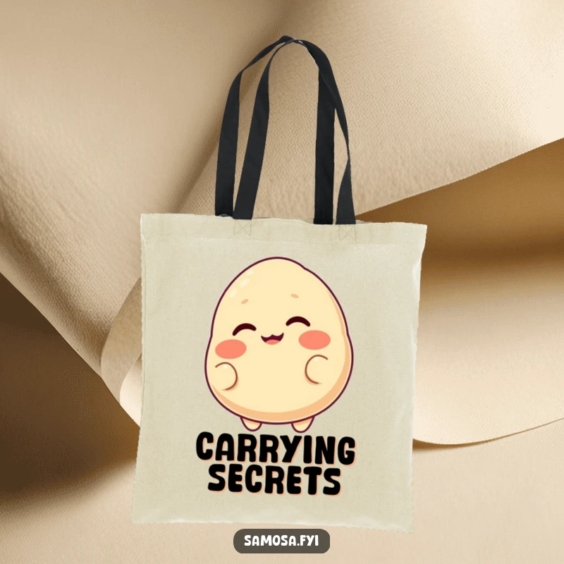 Funny tote bag illustrating a blushing samosa with a cheeky grin, playfully winking, ready to carry your items with flair.