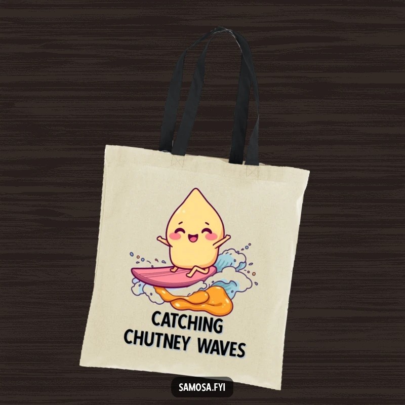 Funny giggling samosa performing a radical surf move on a chutney wave, featured on a durable tote bag, great for shopping.