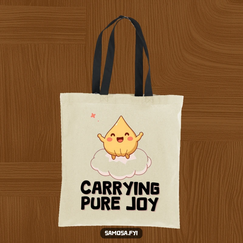 Funny Tote Bag showcasing a happy samosa bouncing on a cloud, a delightful and humorous carry-all.