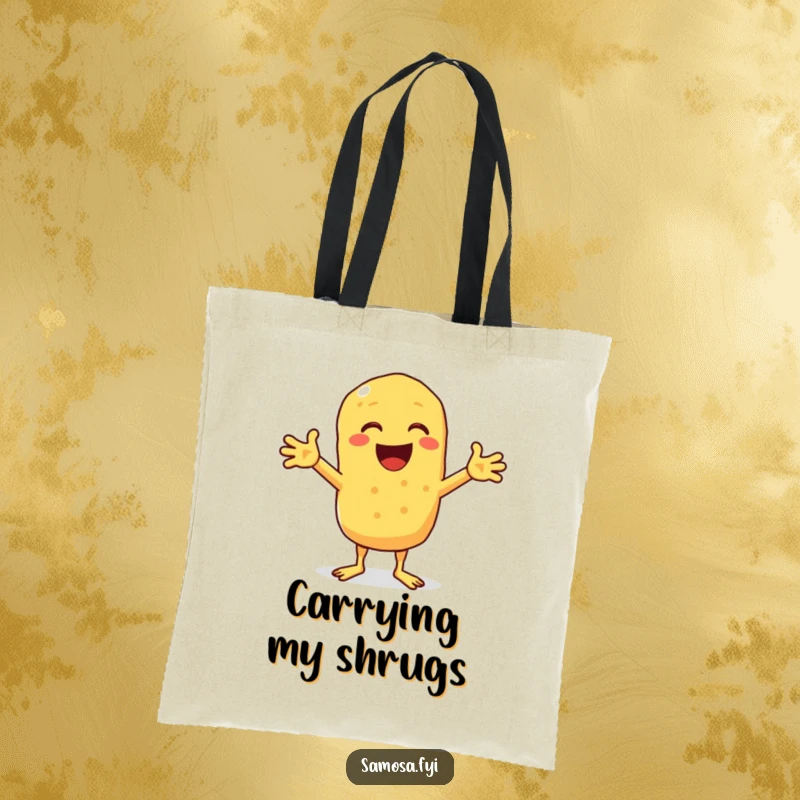 Funny tote bag with a happy chickpea fritter shrugging comically, perfect for carrying essentials with humor.