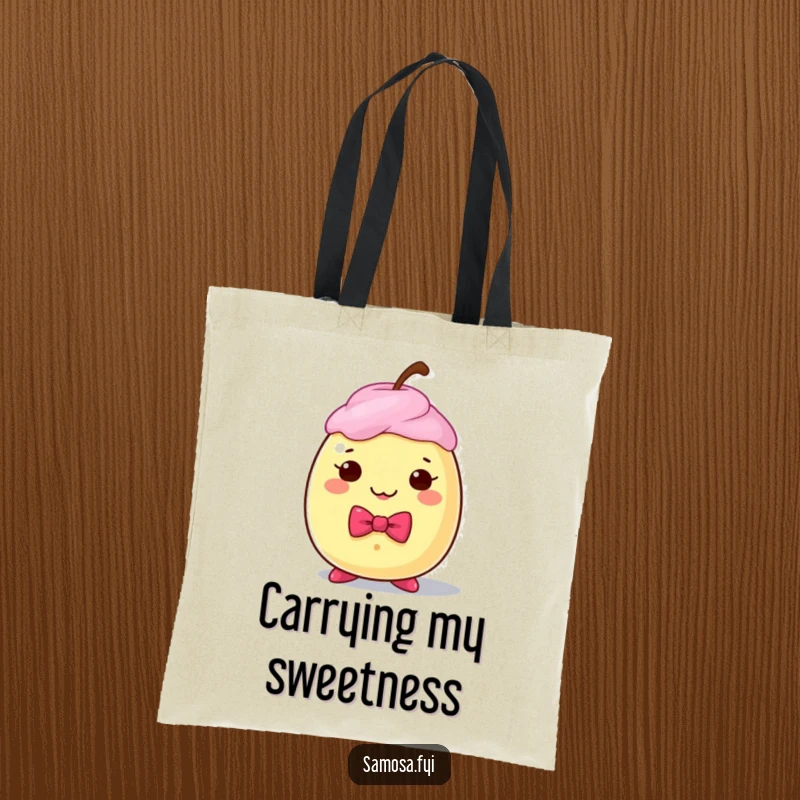 Funny tote bag with a dapper gulab jamun character sporting a tiny bow tie, perfect for carrying essentials stylishly.