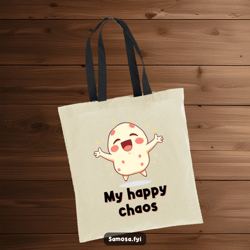 Funny Samosa Tote Bag depicting a samosa character bursting with joy, arms flailing wildly, ready for any adventure.
