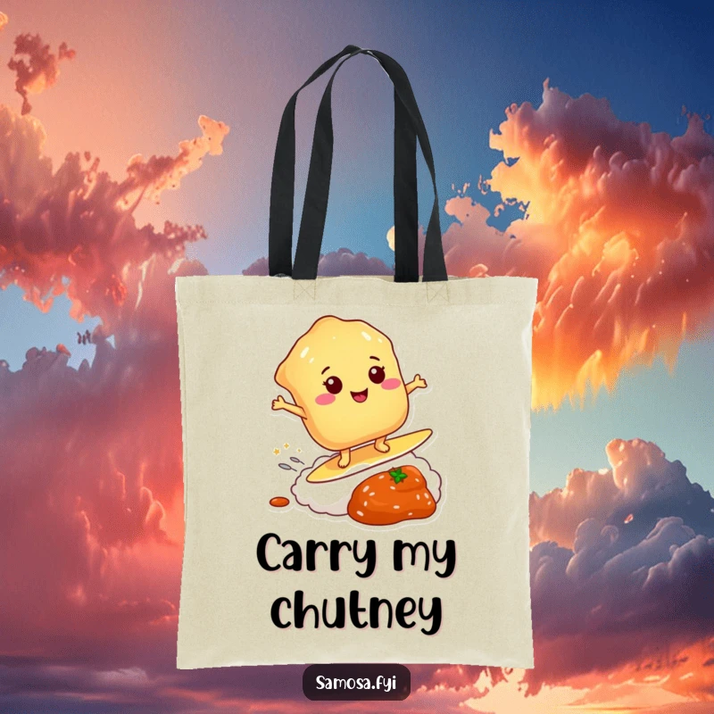 Funny tote bag featuring a pastry surfing chutney, perfect for beach trips or grocery runs with humor.