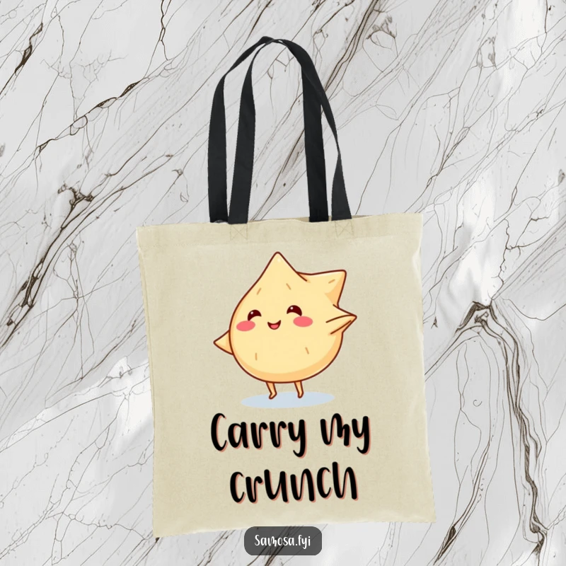 Funny tote bag with a smiling samosa character with tiny legs doing a cartwheel, ready to carry your goods.
