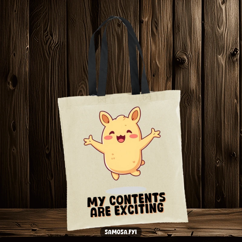 Funny samosa tote bag illustrating a happy pastry hopping with arms outstretched, a delightful and humorous accessory.