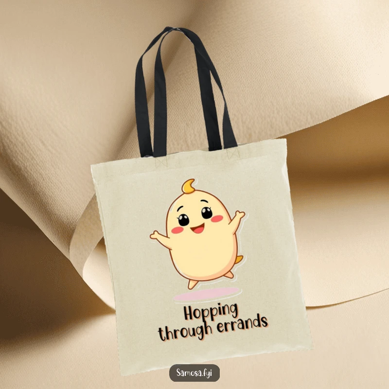 Funny Samosa Tote Bag depicting a cute samosa character doing a funny little hop with a big grin, a cheerful accessory.