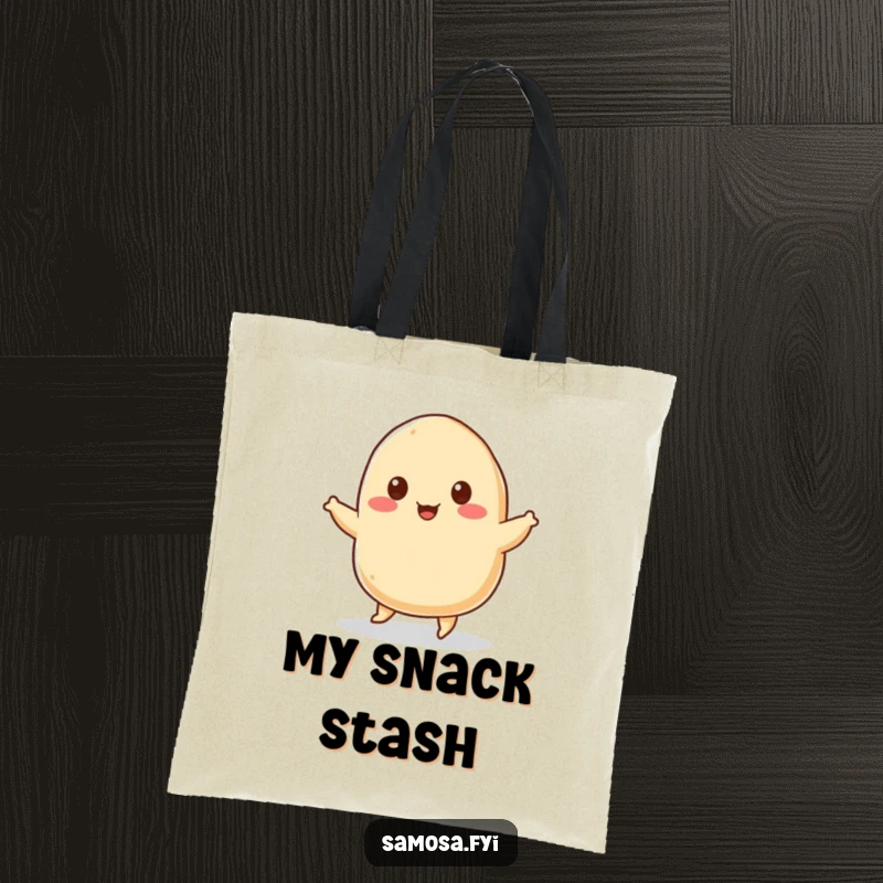 Funny Tote Bag showcasing a cheerful samosa with tiny sesame seed eyes, humorously doing a joyful jig, perfect for carrying groceries and snacks.