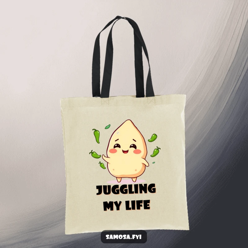 Funny Samosa Juggling Tote Bag: A cheerful samosa character juggling tiny green chili peppers, great for carrying essentials with fiery flair.