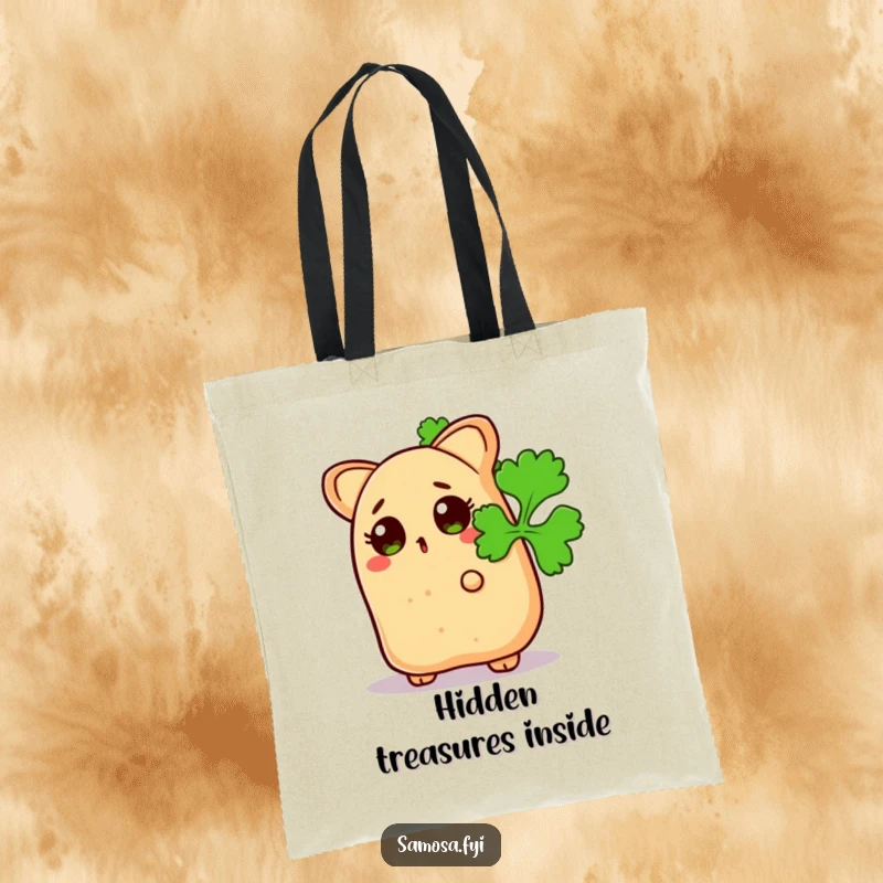 Funny Surprised Samosa Tote Bag: A snack peeking from behind a coriander leaf, perfect for carrying items with a playful wink.