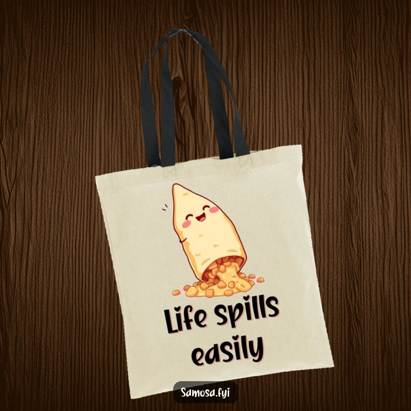 Funny Giggling Samosa Tote Bag: A charming Indian snack doing a cartwheel, filling spilling, perfect for carrying groceries with humor.